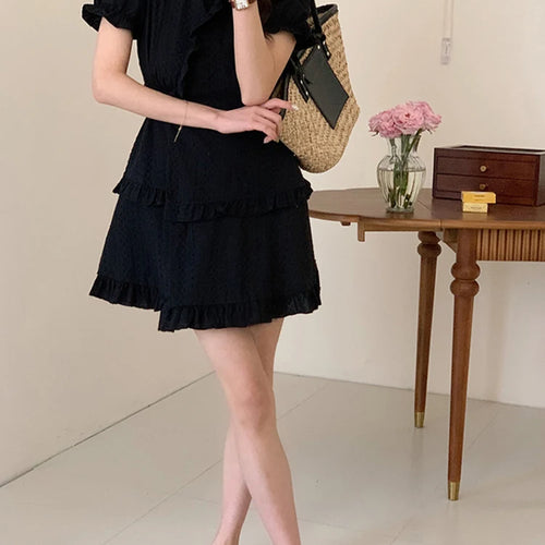 Load image into Gallery viewer, French Style V-neck Black Ruffles Women&#39;s Dresses Chic Solid Color Puff Sleeve Chiffon Female Summer Elegant Dress
