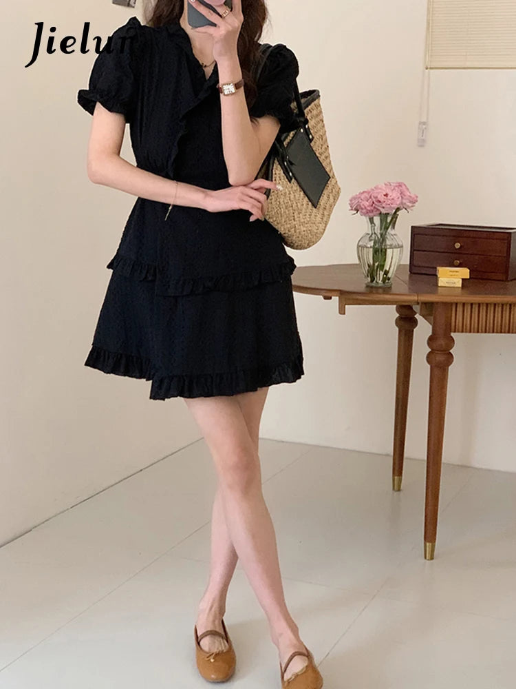 French Style V-neck Black Ruffles Women's Dresses Chic Solid Color Puff Sleeve Chiffon Female Summer Elegant Dress