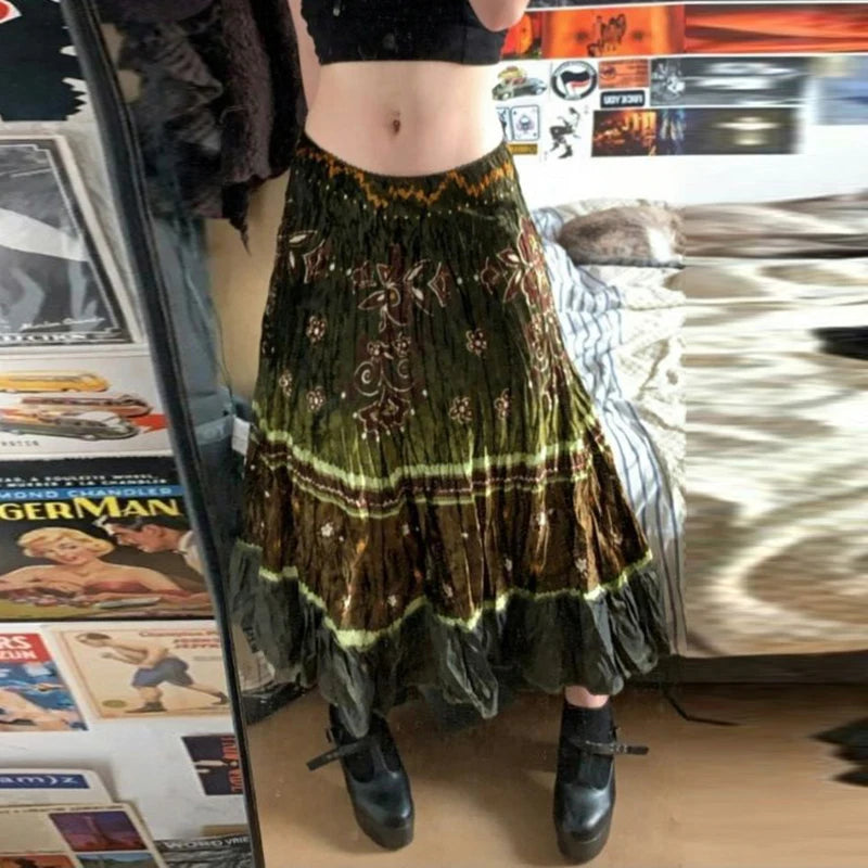 Fairycore Loose Y2K Velour Autumn Skirt Women Maxi Grunge Vintage Graphic Print Long Skirt A-Line Aesthetic Elegant