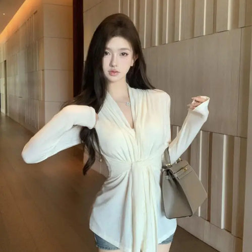 Load image into Gallery viewer, Women Black Beige V Neck Long Sleeve Bandage Pleated T Shirt Autumn Khaki Slim Casual Pullovers Tee Tops Streetwear Clothes Chic
