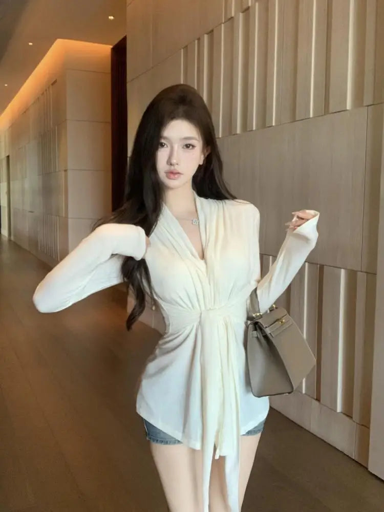 Women Black Beige V Neck Long Sleeve Bandage Pleated T Shirt Autumn Khaki Slim Casual Pullovers Tee Tops Streetwear Clothes Chic
