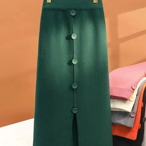 Load image into Gallery viewer, Solid Knit Wrap Hip Skirts Women 2023 Autumn Winter New Fashion Midi Skirt Vintage Casual Elastic High Waist Button Split Skirt
