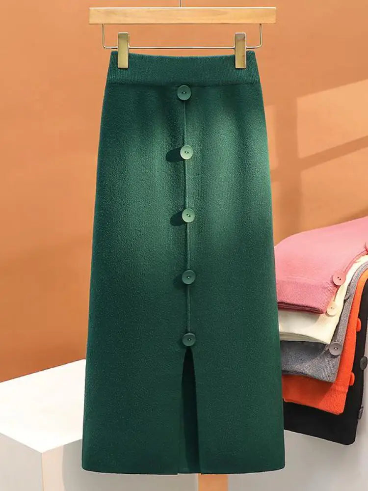 Solid Knit Wrap Hip Skirts Women 2023 Autumn Winter New Fashion Midi Skirt Vintage Casual Elastic High Waist Button Split Skirt