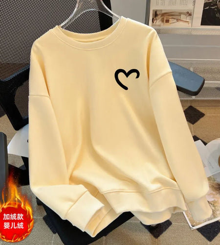 Women Fashion Solid O Neck Plush Heart Velvet Sweatshirt Autumn Winter Long Sleeve Comfort Casual Pullover Top Loose Popular New