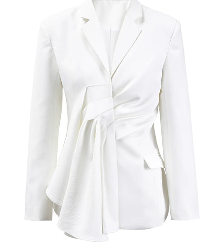 Women White Irregular Pleated Elegant Blazer New Lapel Long Sleeve Jacket Fashion Tide Spring Autumn 2025 CPDB052