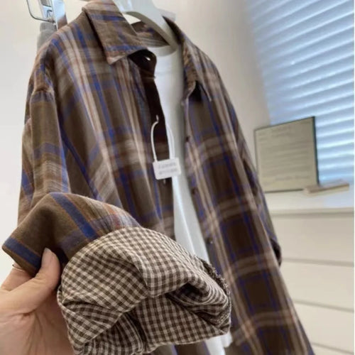 Load image into Gallery viewer, Autumn Vintage Blue Checkered Single Breasted Shirt Women New Brown Plaid Casual Loose Long Sleeve Fashion Versatile Blouses Top
