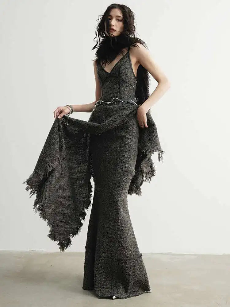 Women 25% Wool Irregular Tassels Burr Hem Vintage Dress New V-Neck Sleeveless Fashion Tide Autumn Winter 2025 1DH4036