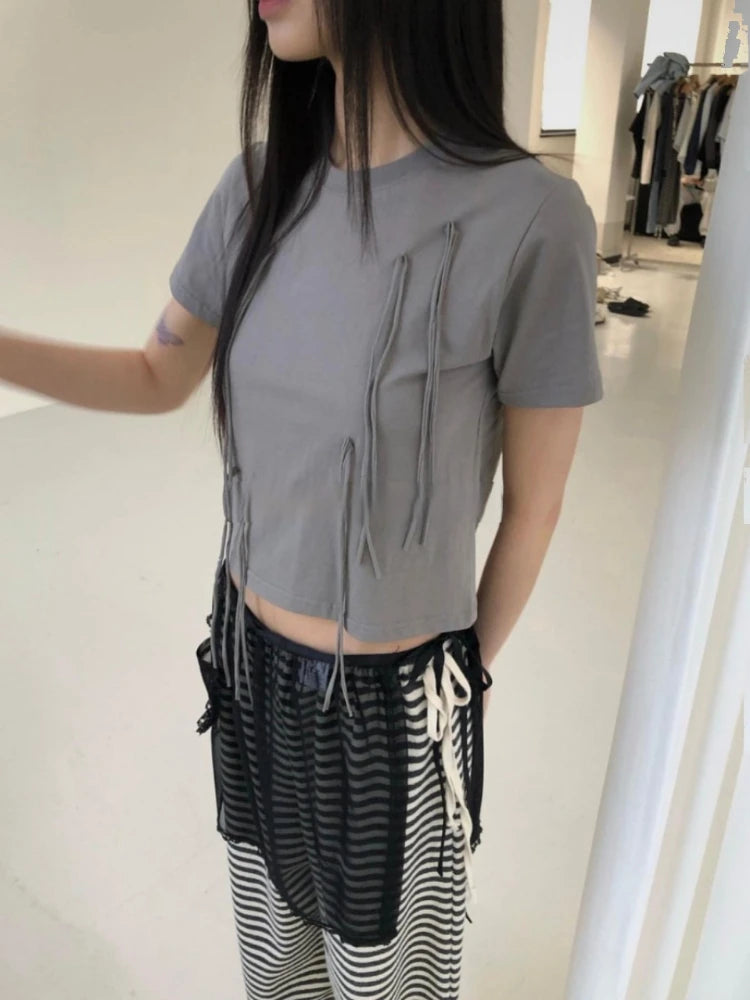 Y2k Aesthetic Vintage Summer Bow Tees  Women Harajuku Grunge Bottoming Crop Top 2025 Slim Streetwear Solid Sweet Cute Tshirts