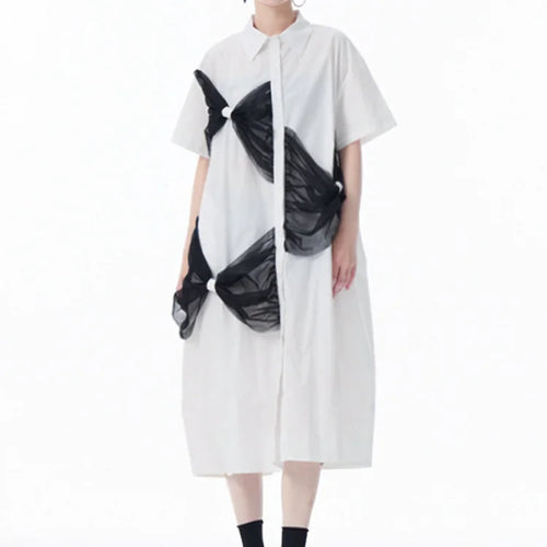 Load image into Gallery viewer, Women White Mesh Bow Color-block Big Size Shirt Dress New Lapel Short Sleeve Fashion Tide Spring Summer 2025 1DJ0048
