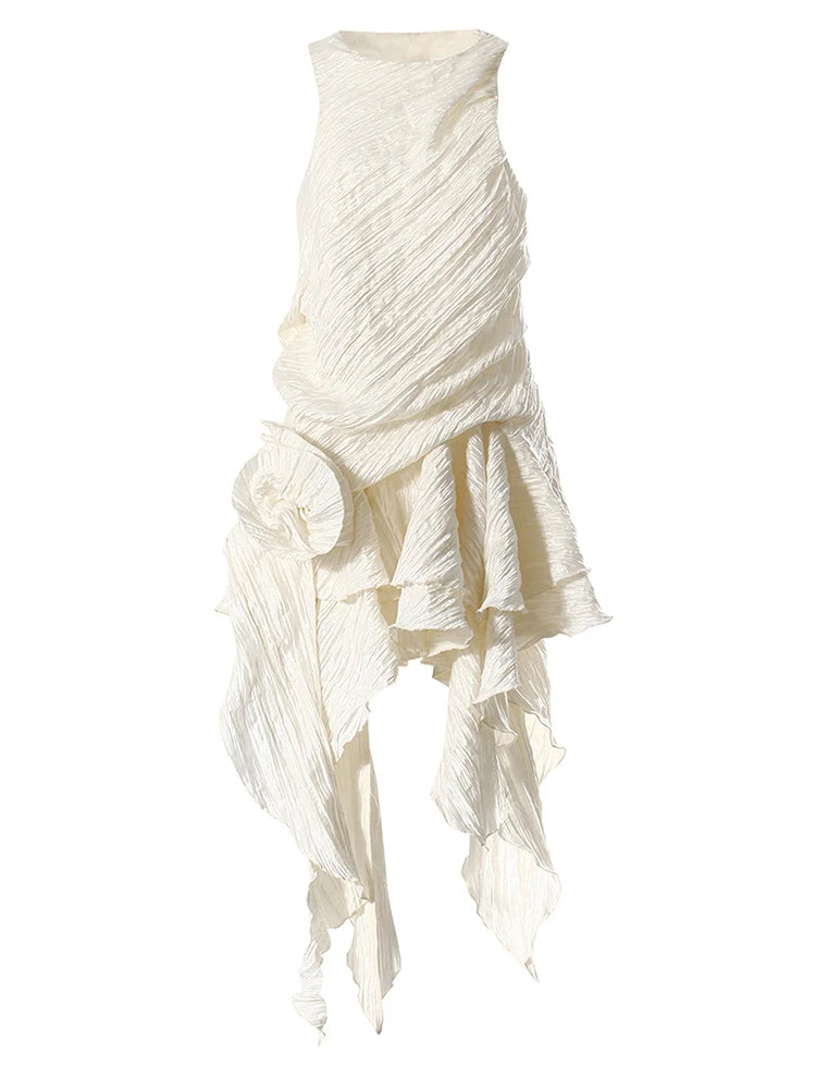 Women Silver Gray Textured Pleated Ruffles Vest Dress New Round Neck Sleeveless Fashion Tide Spring Summer 2025 7AB9278