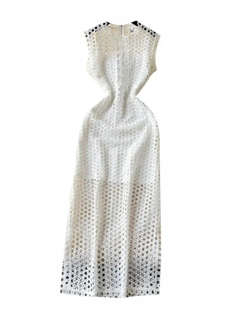 French Women Black Hollow Out Sleeveless Zipper Long Dress White Elegant Round Neck Slim Evening Party Dress Summer Street Trend