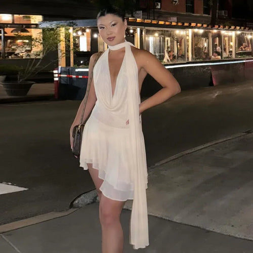 Load image into Gallery viewer, Halter Deep V Neck Backless Sexy Mini Dress For Women Robe Solid Sleeveless High Waist Ruffled Club Party Dress
