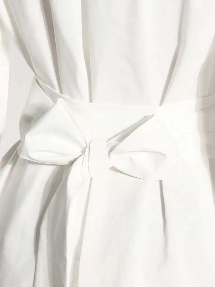 Women White Irregular Bandage Slit Shirt Dress New V-Neck Long Sleeve Loose Fit Fashion Tide Spring Autumn 2025 1DE9884