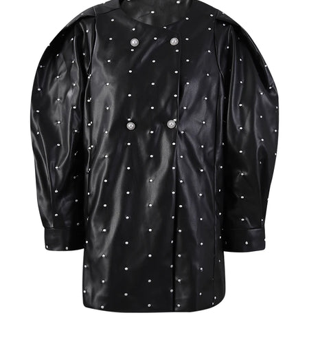 Black Dot Big Size PU Leather Jacket New O-neck Long Puff  Sleeve Women Coat Fashion Tide Spring Autumn 2025 25X2588