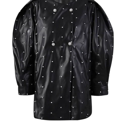 Load image into Gallery viewer, Black Dot Big Size PU Leather Jacket New O-neck Long Puff  Sleeve Women Coat Fashion Tide Spring Autumn 2025 25X2588
