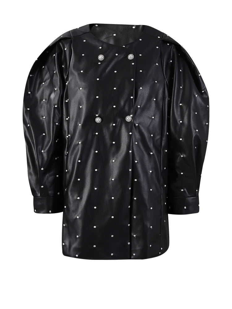 Black Dot Big Size PU Leather Jacket New O-neck Long Puff  Sleeve Women Coat Fashion Tide Spring Autumn 2025 25X2588