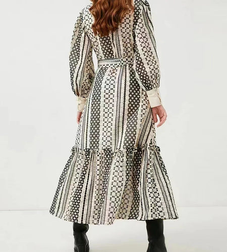 Vintage Print Colorblock Dress For Women Stand Collar Lantern Sleeve High Waist A Line Midi Dresses Female 2022 Spring Style