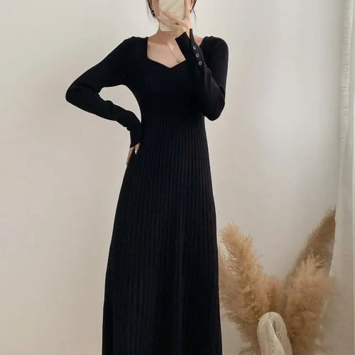 Load image into Gallery viewer, Women Autumn Beige Elegant Knit Long Dress Square V Neck Slim Bodycon Sweater Dress Winter Black Long Sleeves Dresses New French
