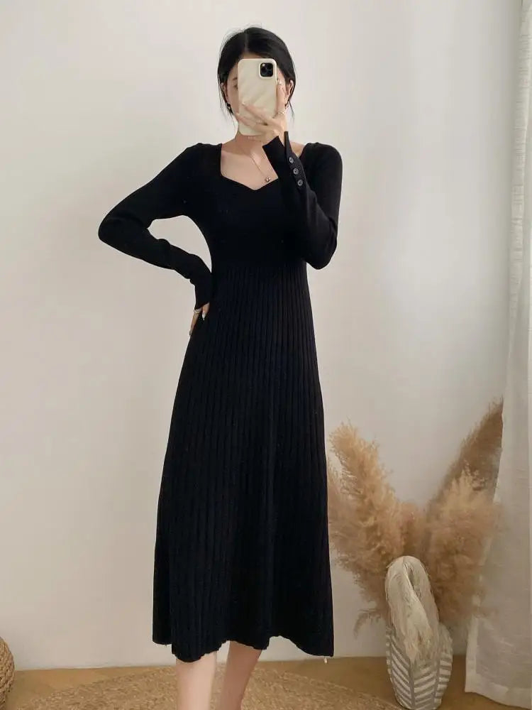 Women Autumn Beige Elegant Knit Long Dress Square V Neck Slim Bodycon Sweater Dress Winter Black Long Sleeves Dresses New French