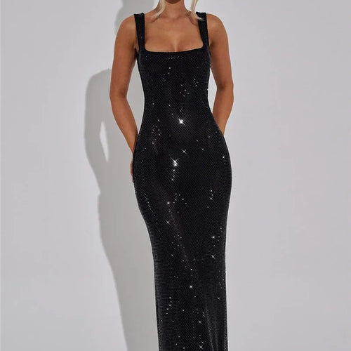 Load image into Gallery viewer, Sequins Backless Sexy Maxi Dress For Women Gown Fashion Sparkle Square Collar Sleeveless Bodycon Club Long Dress

