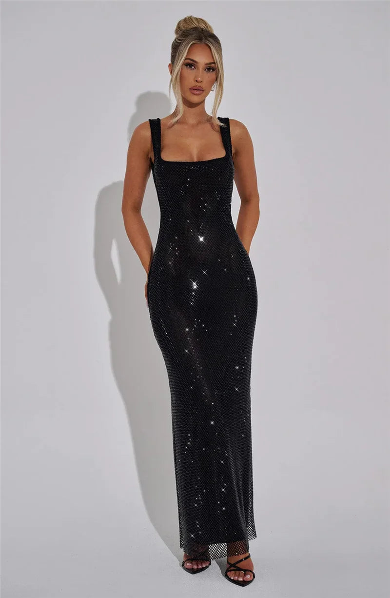 Sequins Backless Sexy Maxi Dress For Women Gown Fashion Sparkle Square Collar Sleeveless Bodycon Club Long Dress