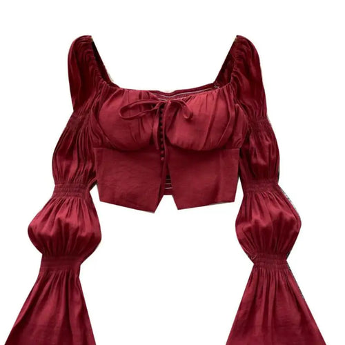 Load image into Gallery viewer, Autumn French Solid Ruffle Edge Lace-up Shirt Women Long Sleeves Square Neck Slim Short Tops Versatile Button Pleated Blouse New
