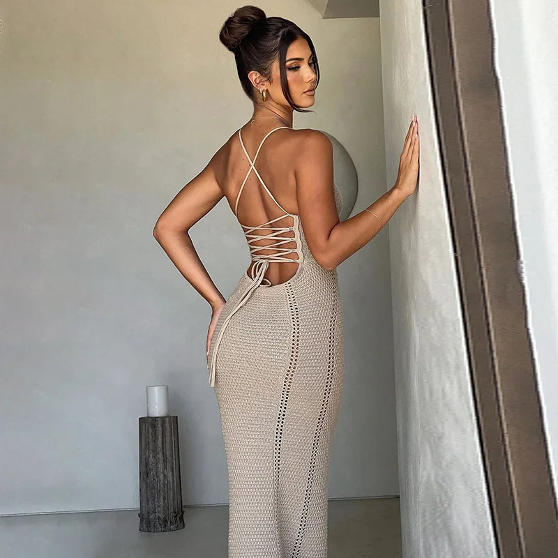 Hollow Out Backless Knit Dress For Women Spaghetti Strap Bandage Sleeveless Bodycon Club Party Sexy Long Dress Elegant