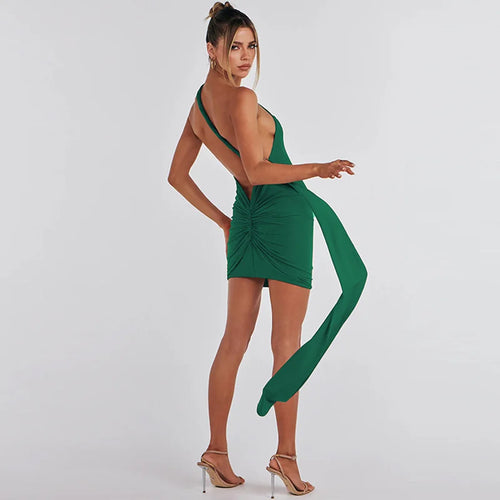 Load image into Gallery viewer, Backl Strap Halter Backless Sexy Mini Dress For Women New Fashion Metal Ring Sleeveless Pleated Bodycon Party Dress
