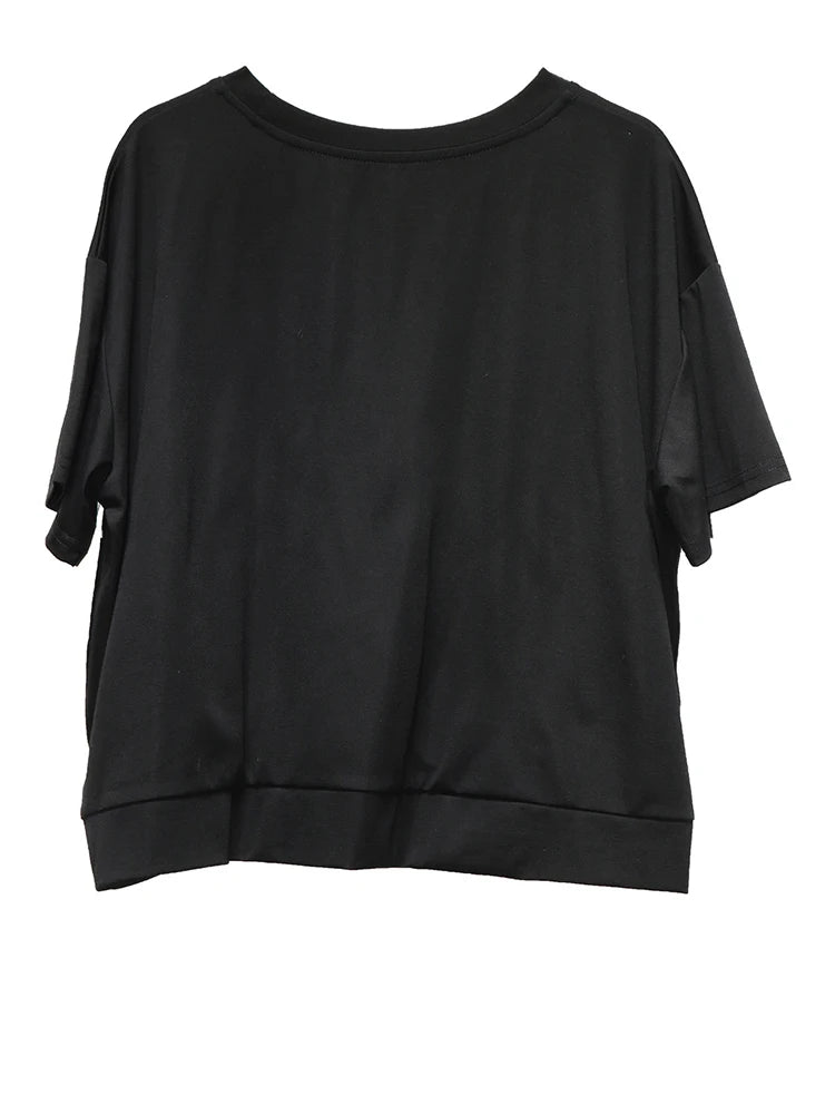Women Black Irregular Spliced Big Size Casual T-shirt New Round Neck Short Sleeve Fashion Tide Spring Summer 2025 1DJ1297