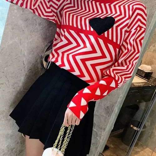 Load image into Gallery viewer, Autumn Winter Women Sweaters Geometric Heart Pattern Long Sleeve Tops Lovely Pullovers Knitted Loose Jumper C-005
