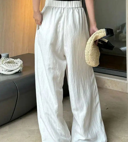 High Elastic Waist White Linen Pleated Long Elegant Wide Leg Pants New Trousers Women Fashion Spring Summer 2025 1DH6125