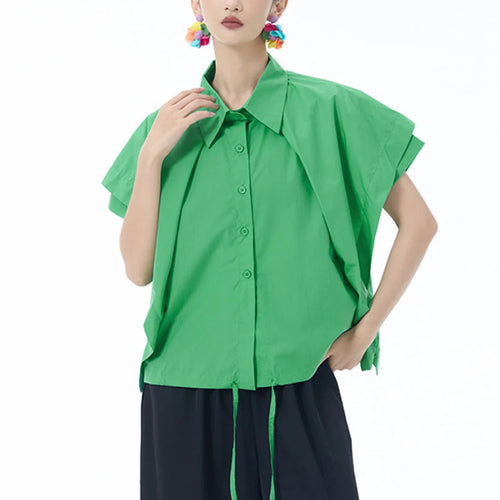 Load image into Gallery viewer, Women Gray Irregular Spliced Bandage Big Size Blouse New Lapel Short Sleeve Shirt Fashion Tide Spring Summer 2025 1DJ1605
