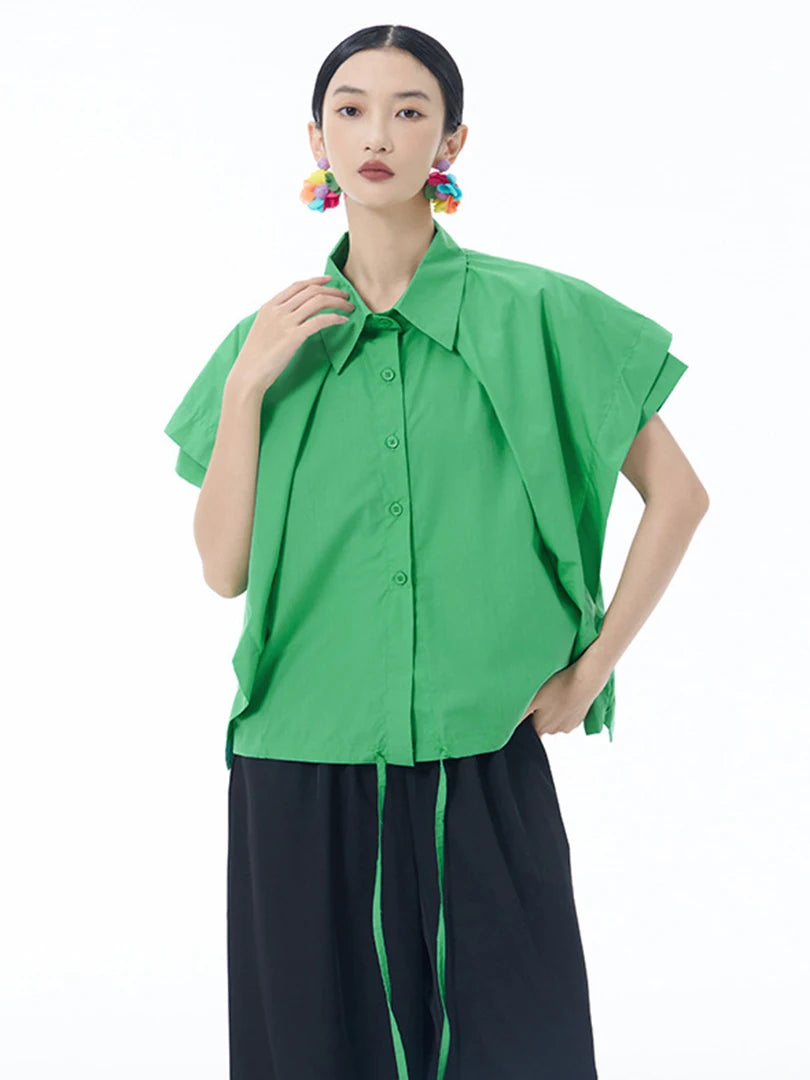 Women Gray Irregular Spliced Bandage Big Size Blouse New Lapel Short Sleeve Shirt Fashion Tide Spring Summer 2025 1DJ1605