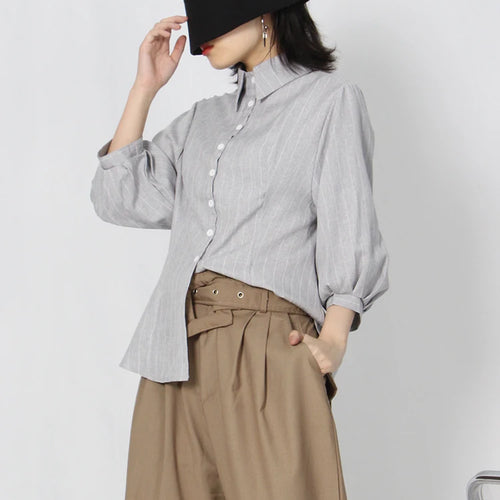 Load image into Gallery viewer, Slim Striped Shirt For Women Bowknot Collar Puff Sleeve Colorblock Button Through Blouse Female Clothes Fashion
