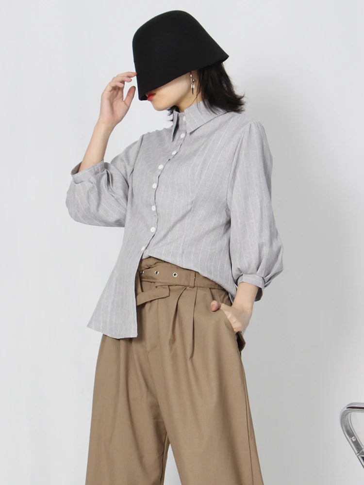 Slim Striped Shirt For Women Bowknot Collar Puff Sleeve Colorblock Button Through Blouse Female Clothes Fashion