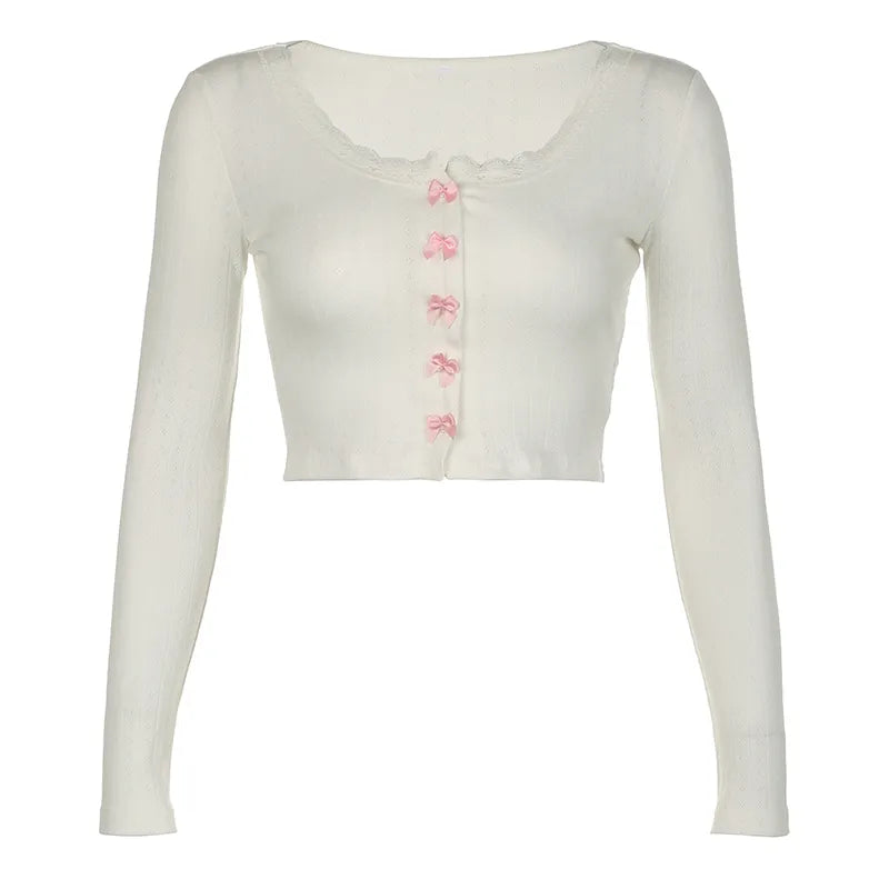 Sweet Chic Bow Spring Autumn Tees Women Lace Trim Slim Basic Cute T shirt Coquette Clothes Korean Cropped Top Knitted