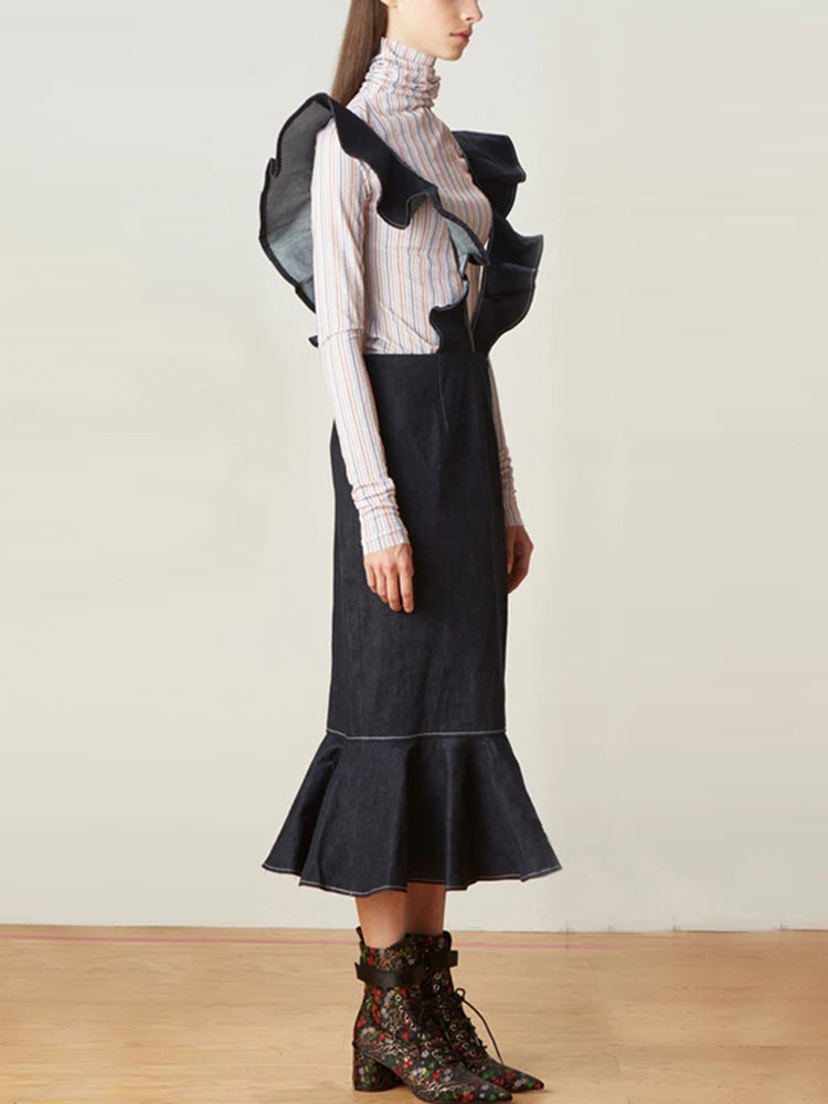 Folds Elegant Skirts For Women Hihh Waist Patchwork Ruffles Solid Temeprament Skirt Female Fashion Clothing