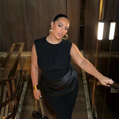 Load image into Gallery viewer, Sleeveless Ruched Sexy Maxi Dress For Women Gown Fashion Black O Neck High Waist Bodycon Club Party Long Dress Vestido
