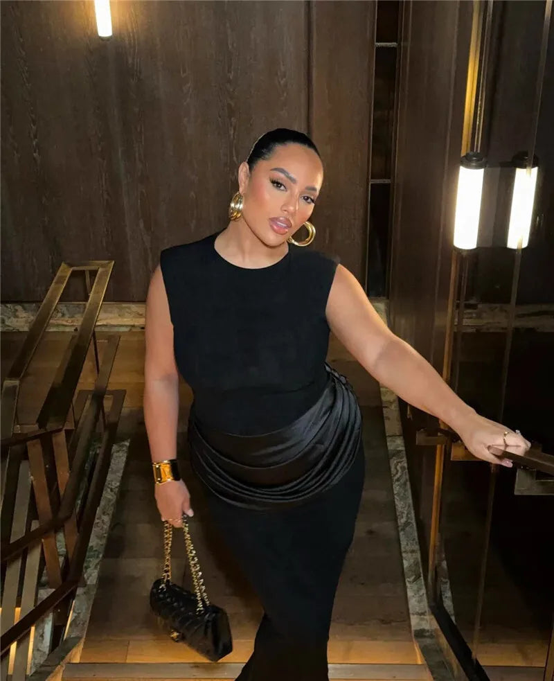 Sleeveless Ruched Sexy Maxi Dress For Women Gown Fashion Black O Neck High Waist Bodycon Club Party Long Dress Vestido