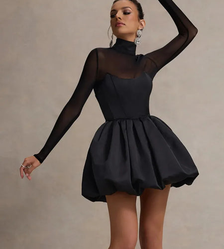 Turtleneck Sheer Long Sleeve Sexy Mini Dress For Women Black See Through High Waist A-line Club Party Dress Elegant