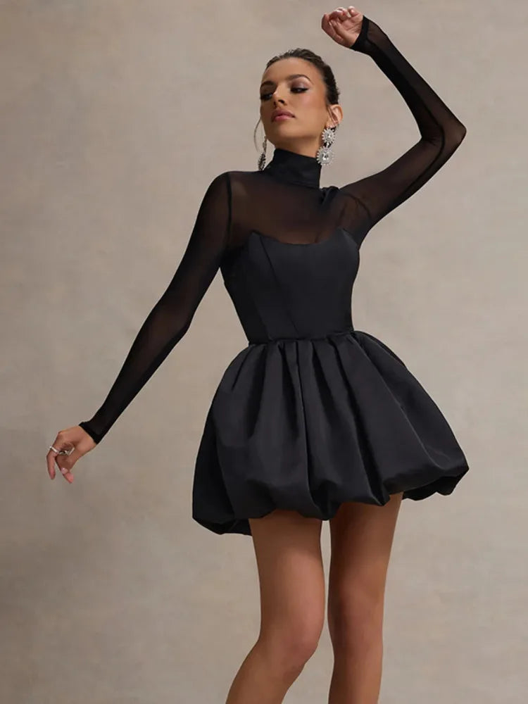 Turtleneck Sheer Long Sleeve Sexy Mini Dress For Women Black See Through High Waist A-line Club Party Dress Elegant