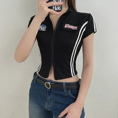 Load image into Gallery viewer, Streetwear Skinny Stripe Letter Zip-up Female T-shirt Casual Moto&amp;Biker Cropped Top Tee Contrast Summer Shirt Outfits
