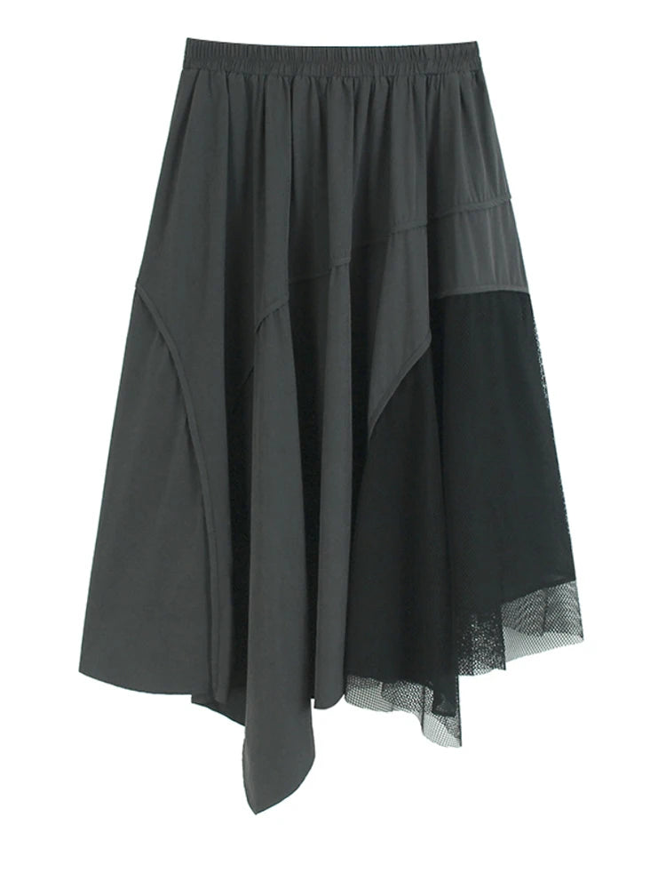 High Elastic Waist Gray Irregular Mesh Spliced A-line Half-body Skirt Women Fashion Tide New Spring Autumn 2025 1DJ1418