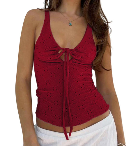 y2k Tank Tops Women Summer Clothes Solid Color V Neck Tie-up Hollow Out Sleeveless Camisole Vest 2000s Party Clubwear