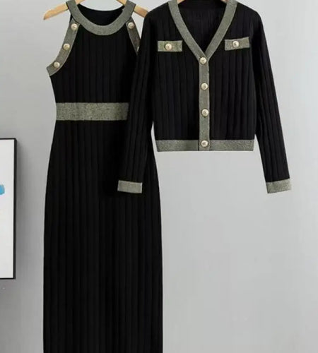 Korean Women's Two Pieces Suit 2024 Autumn Winter Patchwork Single Breasted Knit Tops And High Waist Sleeveless Vest Dresses Set