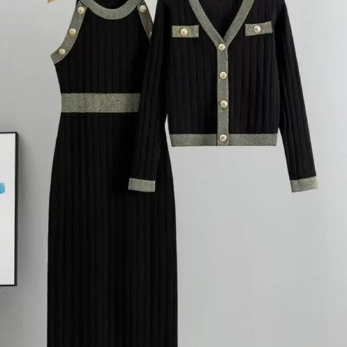 Load image into Gallery viewer, Korean Women's Two Pieces Suit 2024 Autumn Winter Patchwork Single Breasted Knit Tops And High Waist Sleeveless Vest Dresses Set
