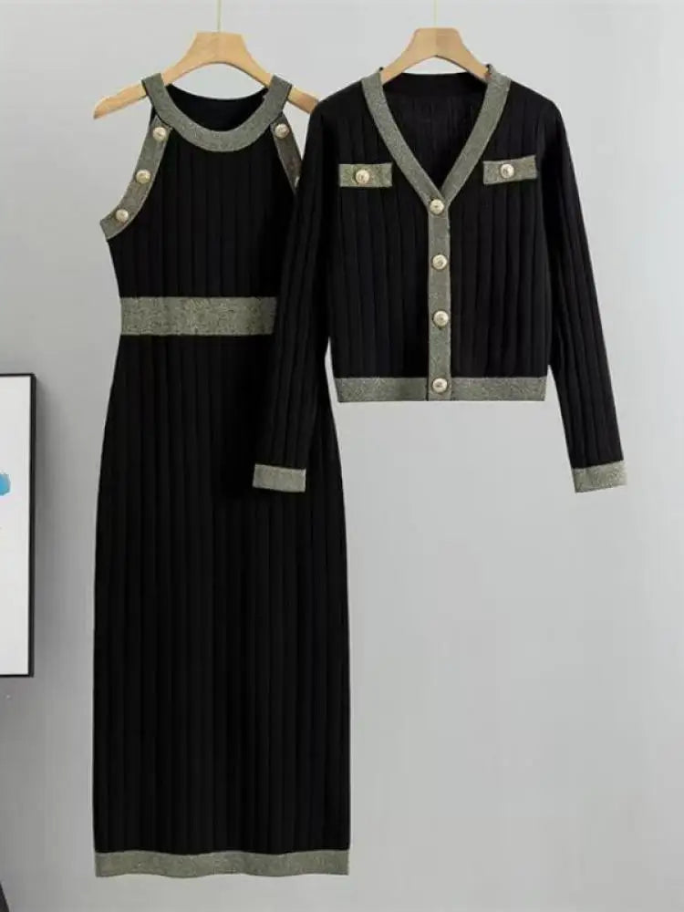 Korean Women's Two Pieces Suit 2024 Autumn Winter Patchwork Single Breasted Knit Tops And High Waist Sleeveless Vest Dresses Set
