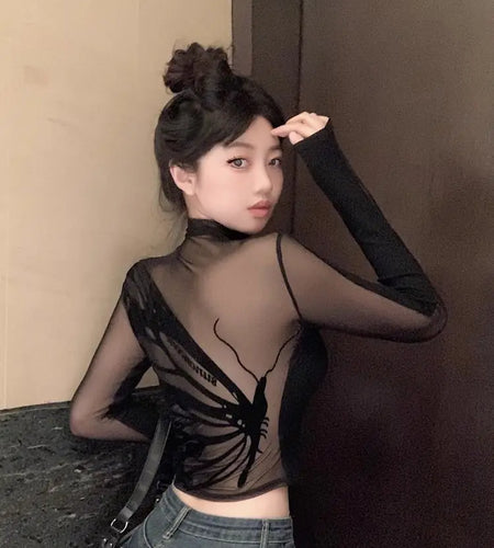 Half Turtleneck Sweet Y2k Aesthetic T-shirt Harajuku Gauze Butterfly Design Women Crop Top New Vintage Sexy Streetwear Slim Tees