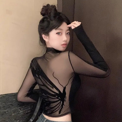 Load image into Gallery viewer, Half Turtleneck Sweet Y2k Aesthetic T-shirt Harajuku Gauze Butterfly Design Women Crop Top New Vintage Sexy Streetwear Slim Tees
