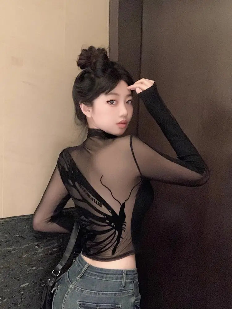 Half Turtleneck Sweet Y2k Aesthetic T-shirt Harajuku Gauze Butterfly Design Women Crop Top New Vintage Sexy Streetwear Slim Tees